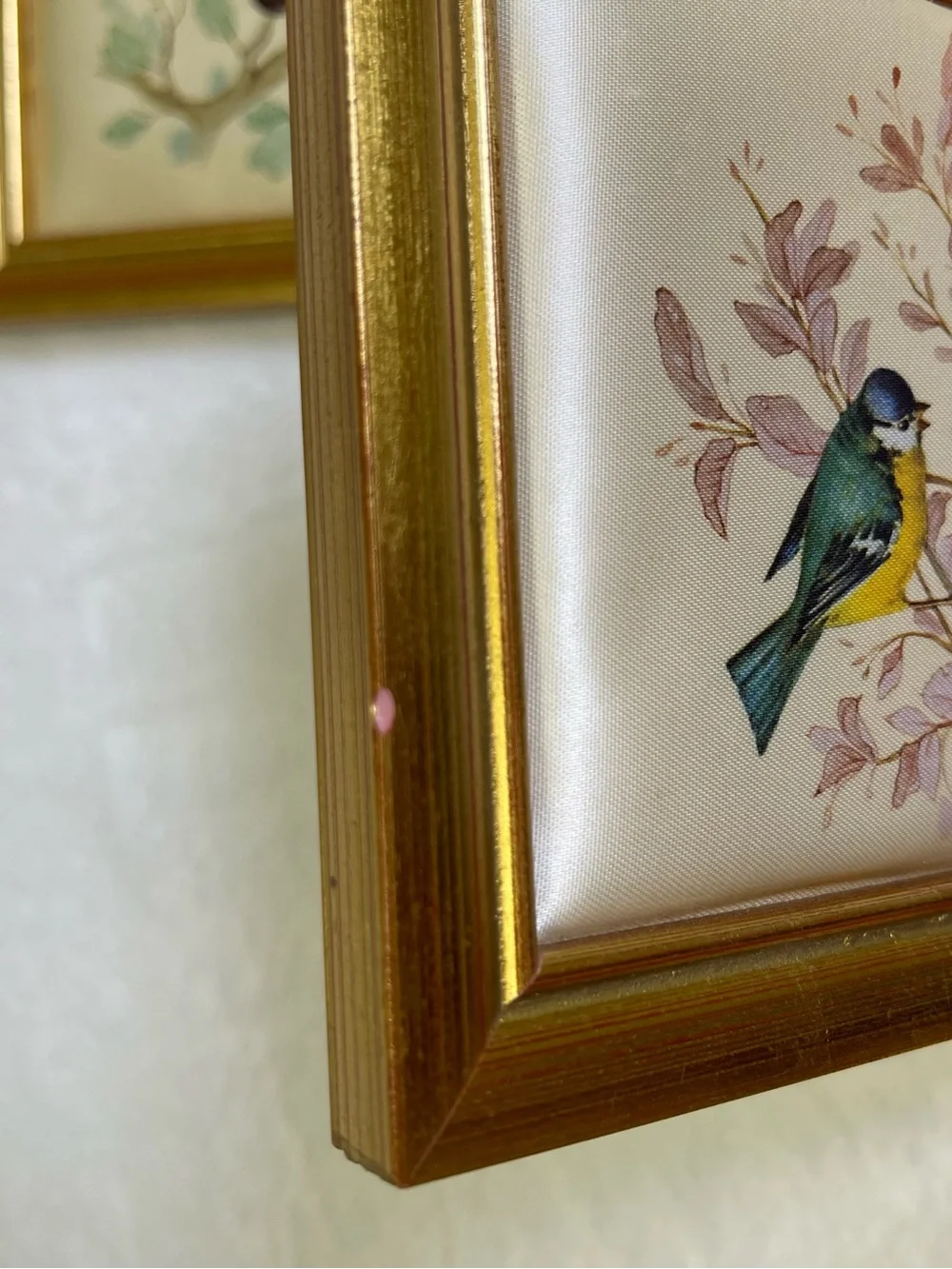 Vintage Italian U. Selis Bird Silk Prints Gold Gilt Frames Pair - Made in Italy - Picture 8 of 9